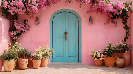 Fototapeta premium Pink Wall Meets Blue Door: Flowers Bloom Beautifully Beside the Entrance