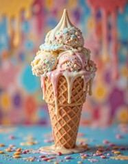 ice cream melting in a waffle cone