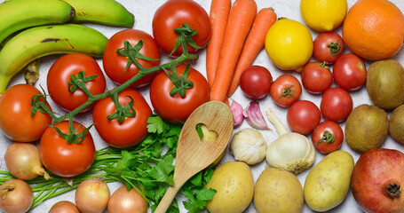 Zenith view. Background with healthy food, variety of vegetables and fruits.