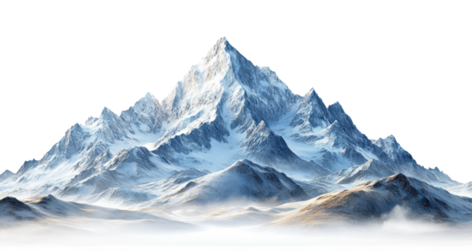 Snowy mountain peaks with misty valleys, winter landscape, majestic alpine scenery, frozen wilderness, cold weather, travel adventure, natural beauty, isolated on transparent background