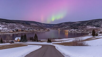 Aurora Borealis over Winter Lake and Village