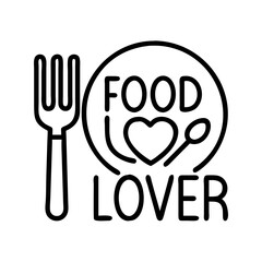 Fototapeta premium food lover text with fork and knife icon icon, foods line art, foods vector - simple black line art icon of food lover text with fork and knife icon perfect for logos, and foods -themed designs.