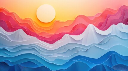 Vibrant Paper Cut Landscape with Sun and Colorful Mountains