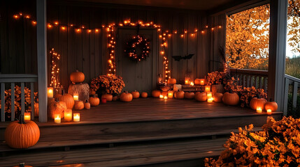 Obraz premium Autumn Porch Decorates with Pumpkins, Candles, and Warm Lights Beautifully
