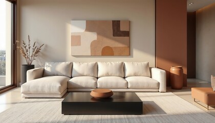 Bright and Inviting Living Room with Beige Sofa, Decorative Abstract Art on the Wall, Warm Tones, Contemporary Coffee Table, and Natural Light Streaming Through Large Windows