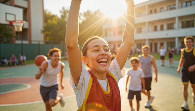 Happy students enjoying basketball game on school court, teamwork