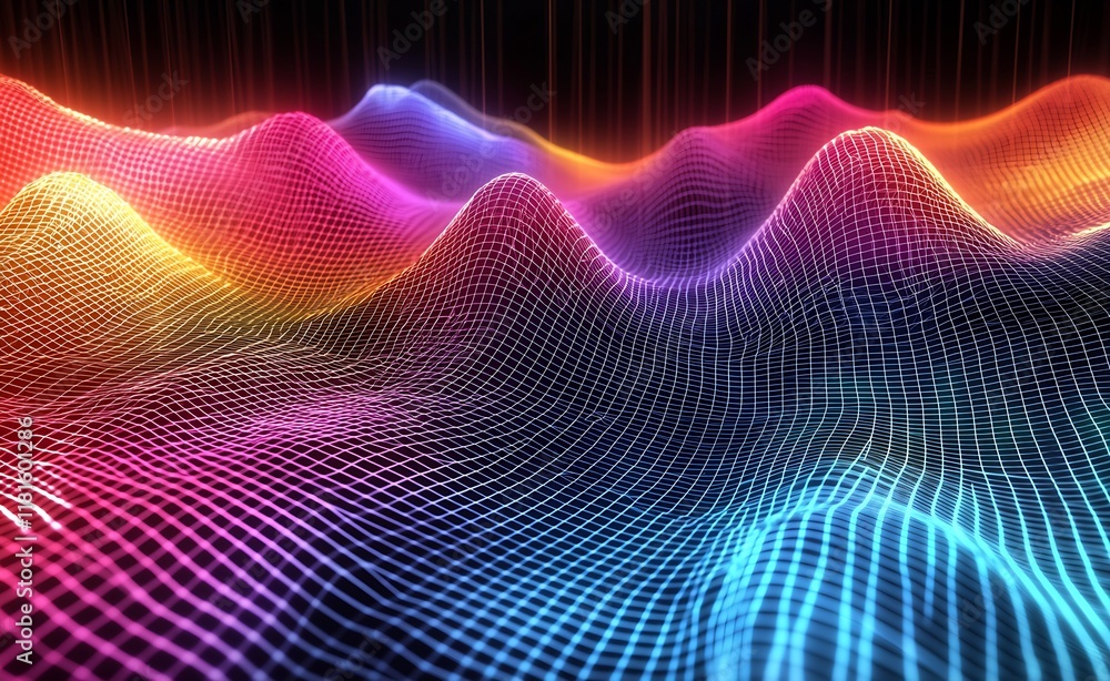 Leinwandbilder abstract digital art featuring neon-colored waveform in wireframe design : generative ai