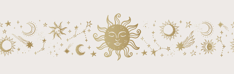 Trendy celestial seamless pattern, zodiac background hand drawn, stars, moon, space, great for textiles, wallpapers, surfaces - vector design