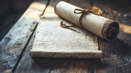 Ancient scroll and parchment on a wooden table.