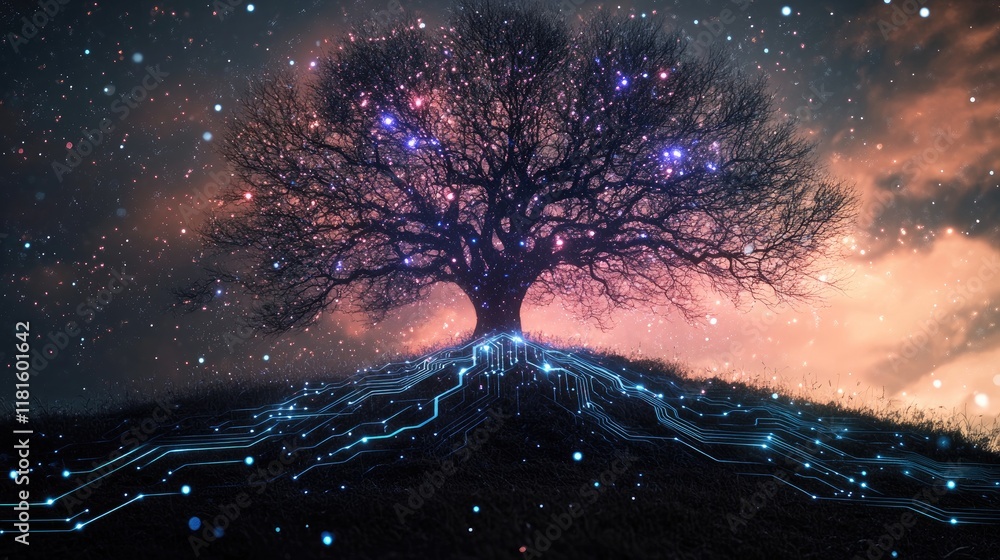 Poster mystical tree with cosmic background and digital circuitry elements