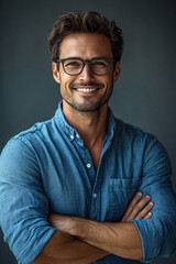 Fototapeta premium Portrait of happy fashionable handsome man in jeans shirt and glasses crossing hands and smiling