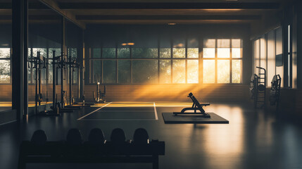 "An empty gym featuring a variety of fitness equipment and open workout areas, illuminated by natural light and showcasing a clean, spacious environment."