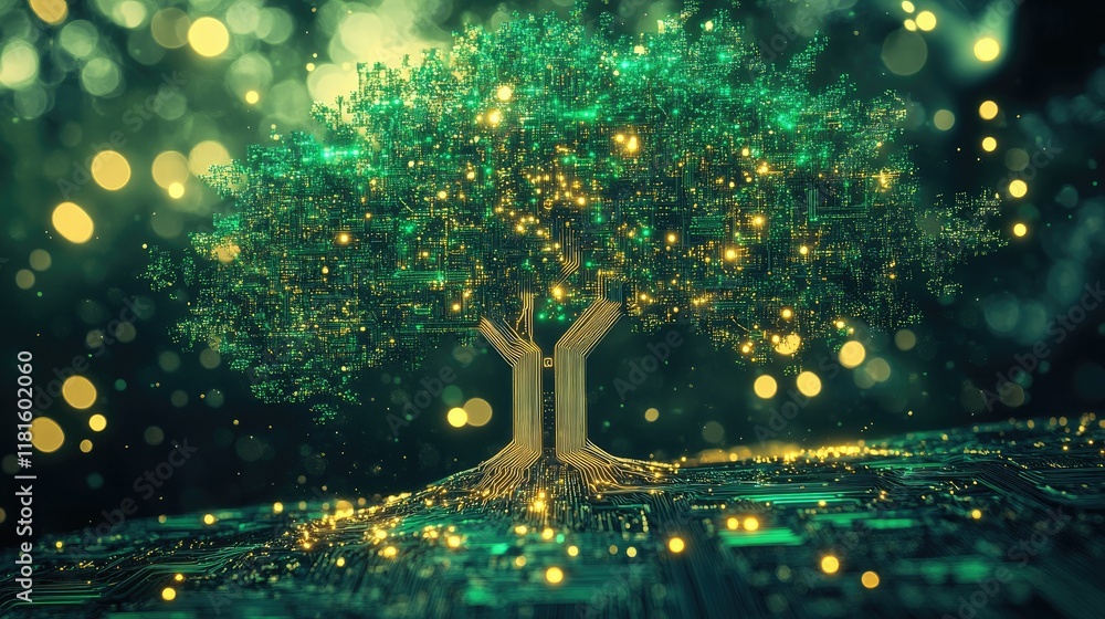 Poster digital tree with circuitry and green glows representing technology