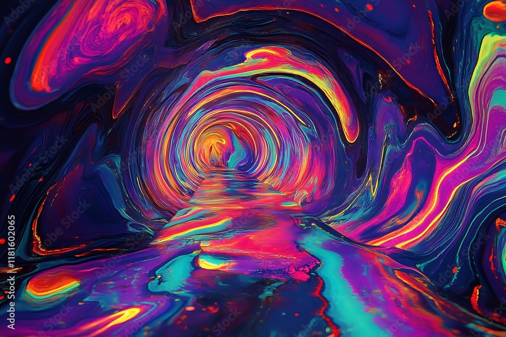 Aufkleber Vibrant Psychedelic Neon Tunnel with Abstract Colorful Patterns : Generative AI
