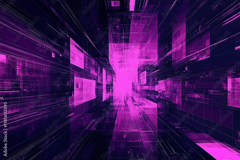 Fototapete Abstract Futuristic Purple Neon Cyber Design with Digital Tunnel and Geometric Patterns for Modern Visual Art : Generative AI