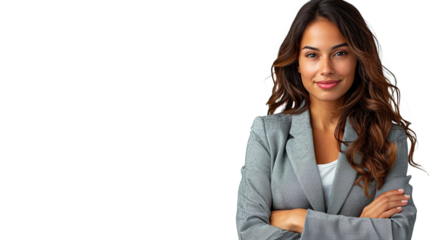 smiling woman wearing jacket with folded hands on chest without erased background transparent background