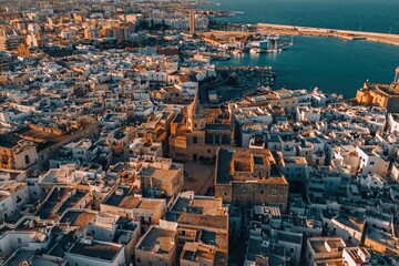 Obraz premium Aerial View of Coastal Town: A breathtaking aerial perspective captures the charming beauty of a coastal town, with its white-washed buildings nestled amidst the azure waters of the Mediterranean Sea.