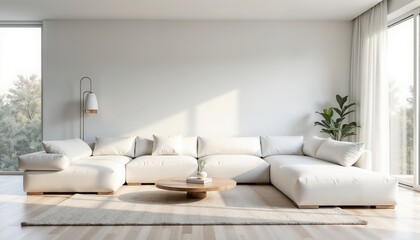 Modern Minimalist Living Room with White Sofa, Green Plant, and Round Wooden Coffee Table, Surrounded by Natural Light Coming Through Large Windows with Calm, Bright Vibe
