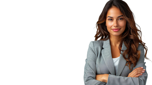 smiling woman wearing jacket with folded hands on chest without erased background transparent background