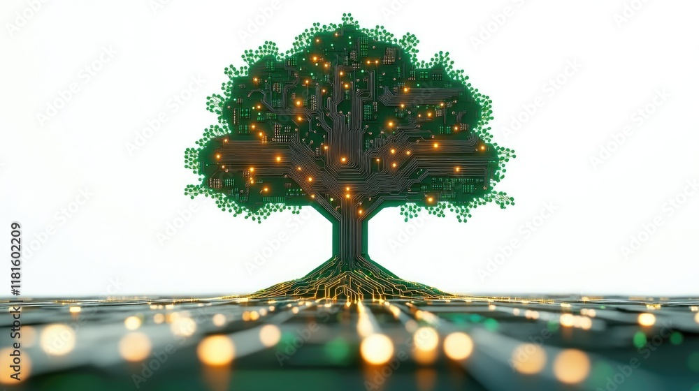 Poster tree of life with circuit board pattern and glowing lights