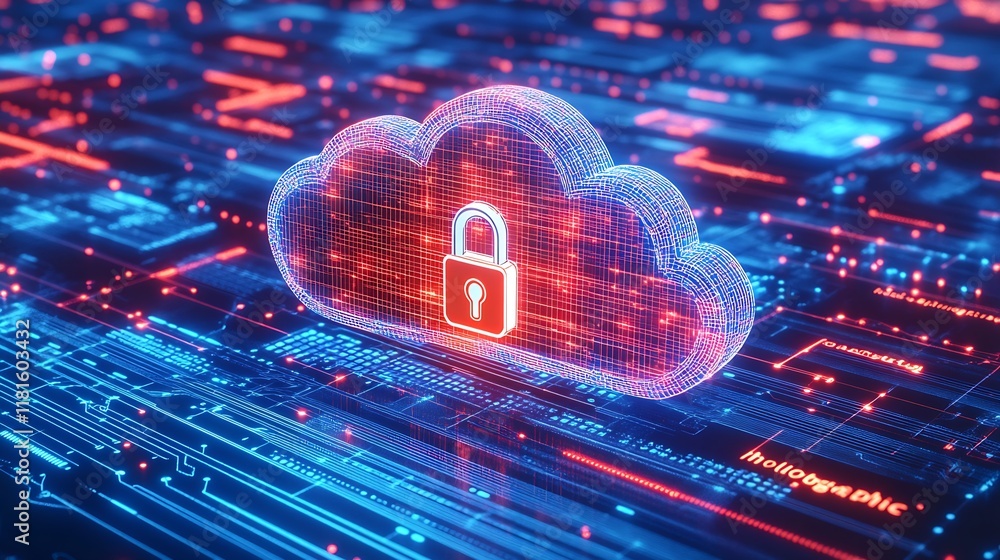 Poster Futuristic holographic cloud with lock depicting advanced digital security : Generative AI