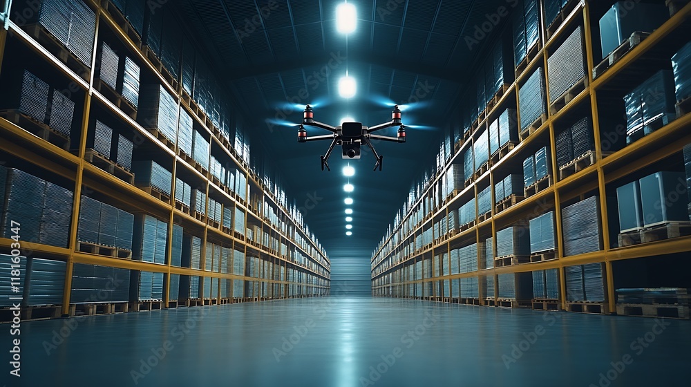 Poster cutting edge drone flying through efficient warehouse with well organized pallet racks : generative 