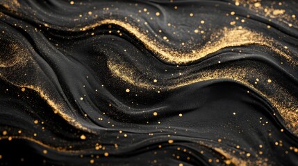 Abstract Black Fabric with Gold Glitter Waves Texture Background.