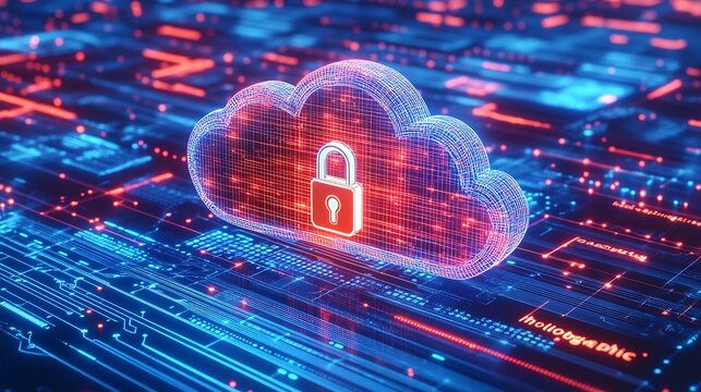 Futuristic holographic cloud with lock depicting advanced digital security : Generative AI