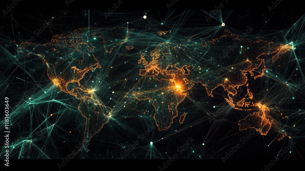 Poster global network connections in an abstract digital landscape visualization