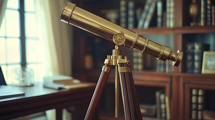 Antique telescope on a wooden tripod in a study.