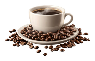 Steaming coffee in a white cup surrounded by roasted beans on a saucer, aromatic hot beverage concept for branding isolated on transparent background