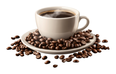 Steaming coffee in a white cup surrounded by roasted beans on a saucer, aromatic hot beverage concept for branding isolated on transparent background