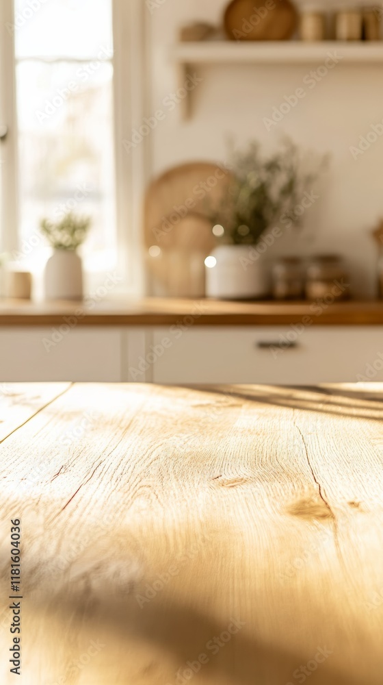 Leinwandbilder Sunlight illuminating an empty wooden table in a kitchen, creating a warm and inviting atmosphere perfect for showcasing products or designs