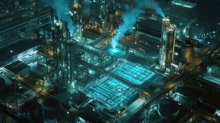Aerial View of Industrial Plant with Smoke and Illuminated Structures
