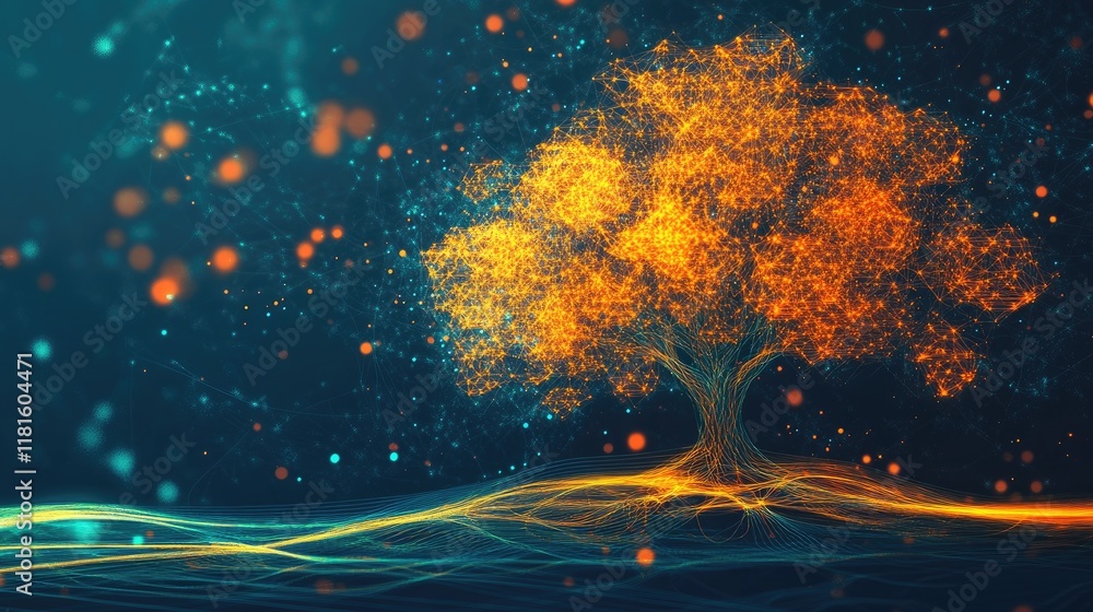 Poster glowing tree with digital lights and abstract background effects
