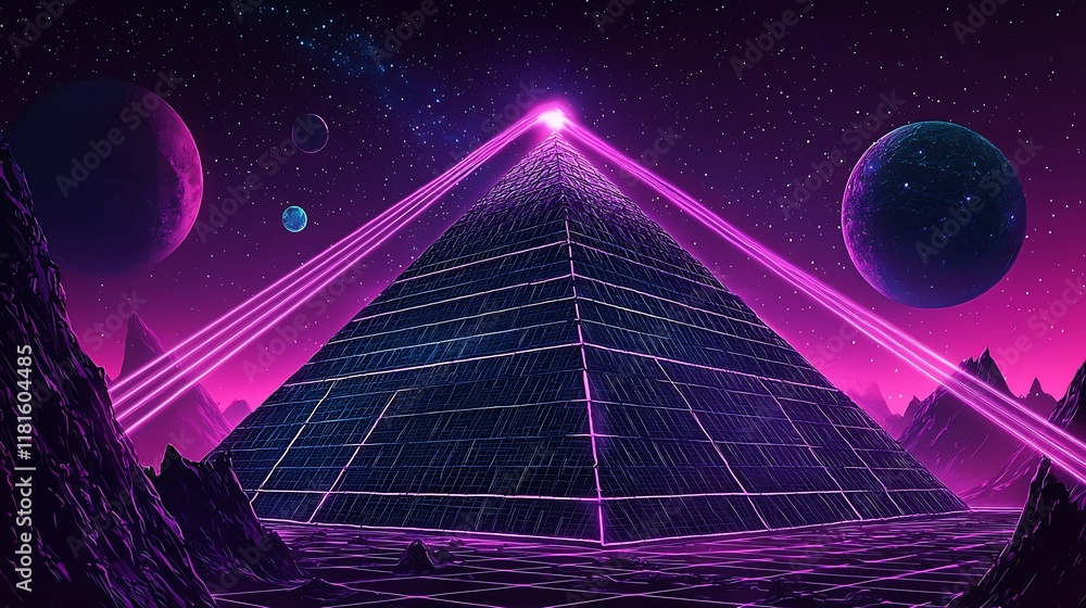 Poster neon pink digital pyramid surrounded by planets in a futuristic starry universe : generative ai