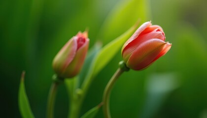Close-up of pink tulip buds against a lush green background highlighting spring renewal