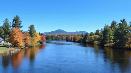 Autumn River Landscape with Colorful Trees and Mountains