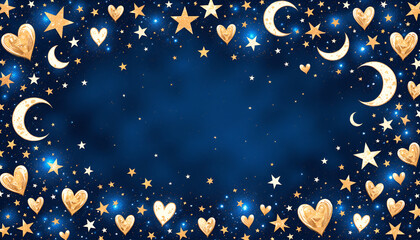 Fototapeta premium Gold Hearts, Stars, Moon Night Sky Border - Celestial/Cosmic themes