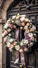 Funeral wreath of white and pastel flowers with a ribbon
