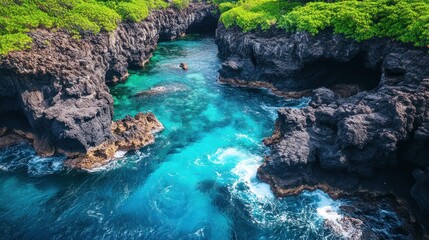 Tropical cove aerial view, turquoise water, volcanic rock cliffs, lush greenery, travel brochure