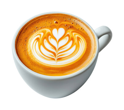 Cappuccino latte with intricate milk foam art served in a modern white ceramic cup, creamy coffee drink perfect for cafes or mornings isolated on transparent background