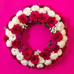 Elegant wreath of red and white roses against a vibrant pink background, symbolizing love and remembrance.
