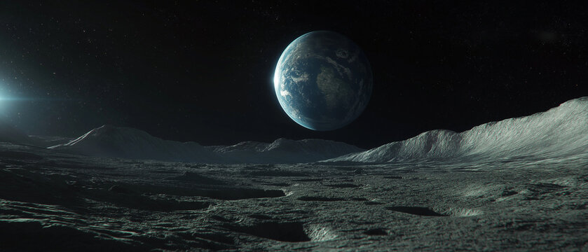 Futuristische Mondlandschaft mit Erde im Hintergrund und strahlendem Licht

