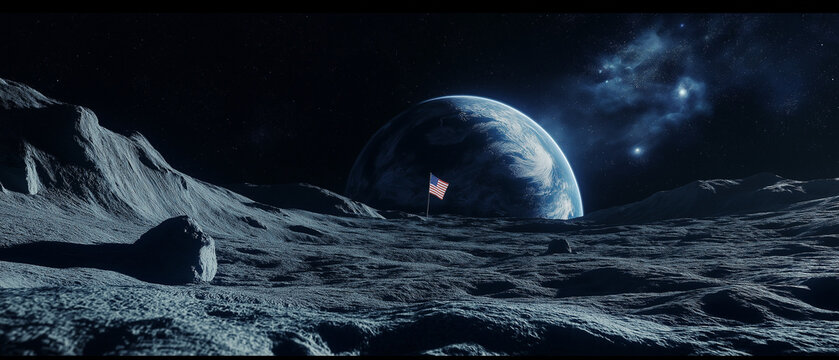 Futuristische Mondlandschaft mit Erde im Hintergrund und strahlendem Licht

