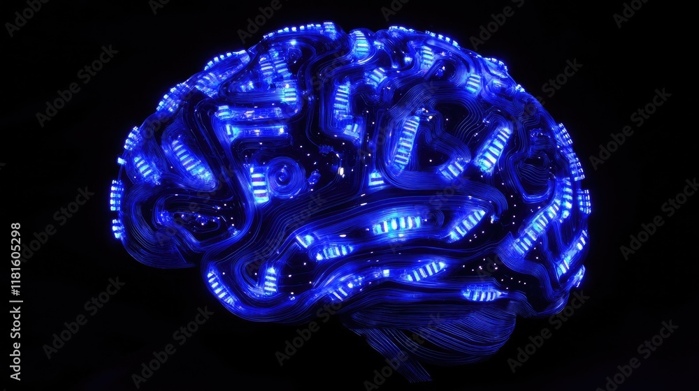 Poster stunning blue neon brain render with intricate circuit patterns