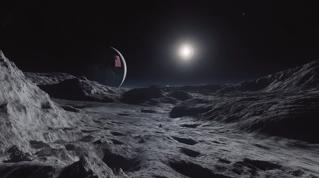 Futuristische Mondlandschaft mit Erde im Hintergrund und strahlendem Licht


