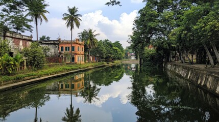 Fototapeta premium Serene Canal Scene with Historic Buildings