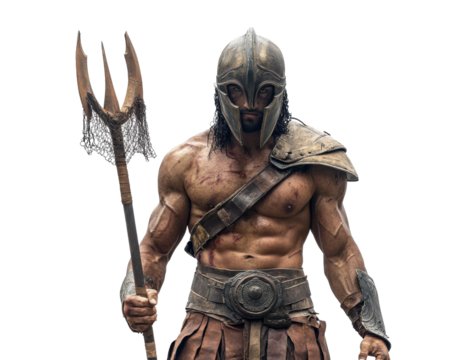 Warrior in battle stance with trident and net preparing for confrontation. Isolated on transparent background, png.