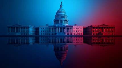 Fototapeta premium Reflection of iconic landmark in contrasting colored light in atmospheric setting